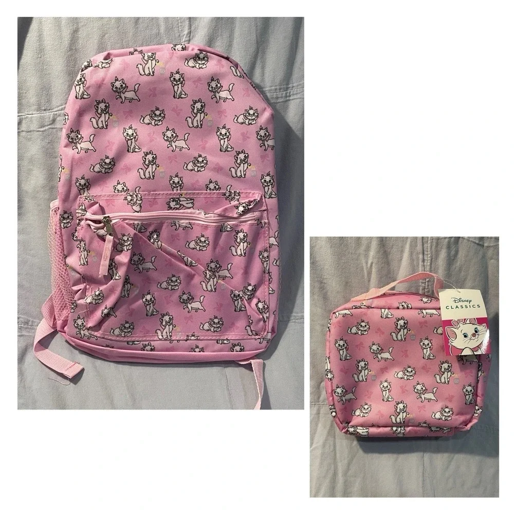 NEW Set of Walt Disney Aristocats Marie Pink/Purple & White Backpack & Lunch Box